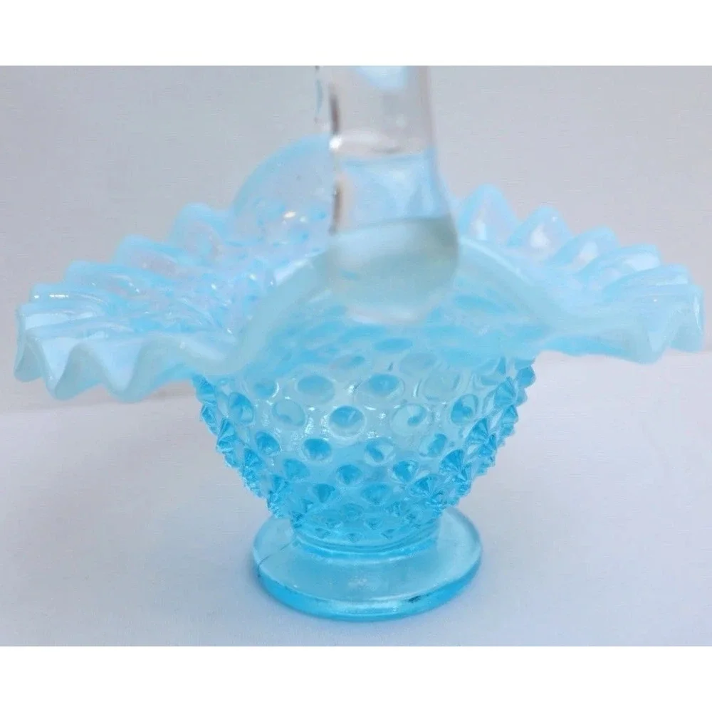 VTG Fenton Hobnail Basket Small Blue Opalescent Glass Ruffled Edge Collectible